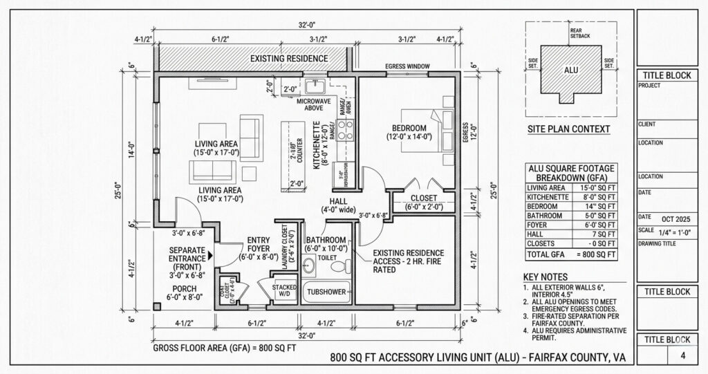 800 square foot accessory living unit Fairfax County VA floor plan showing bedroom, kitchen, and bathroom layout

