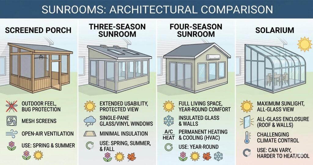 Types of sunroom additions comparison diagram

