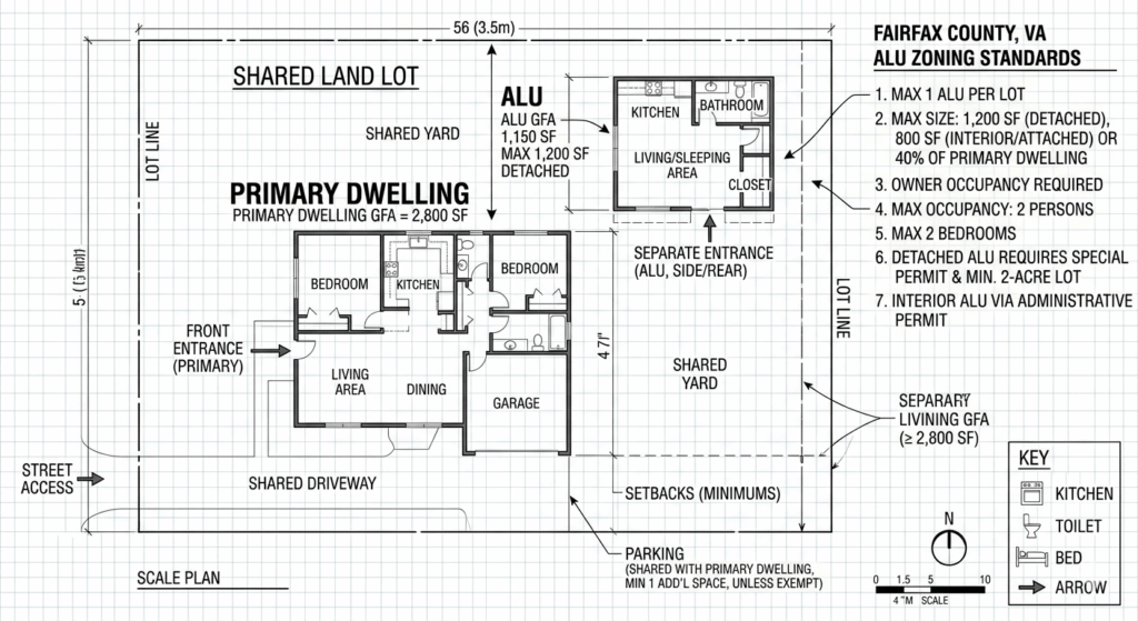 Diagram of accessory living unit Fairfax County VA showing primary dwelling and secondary unit relationship with zoning labels

