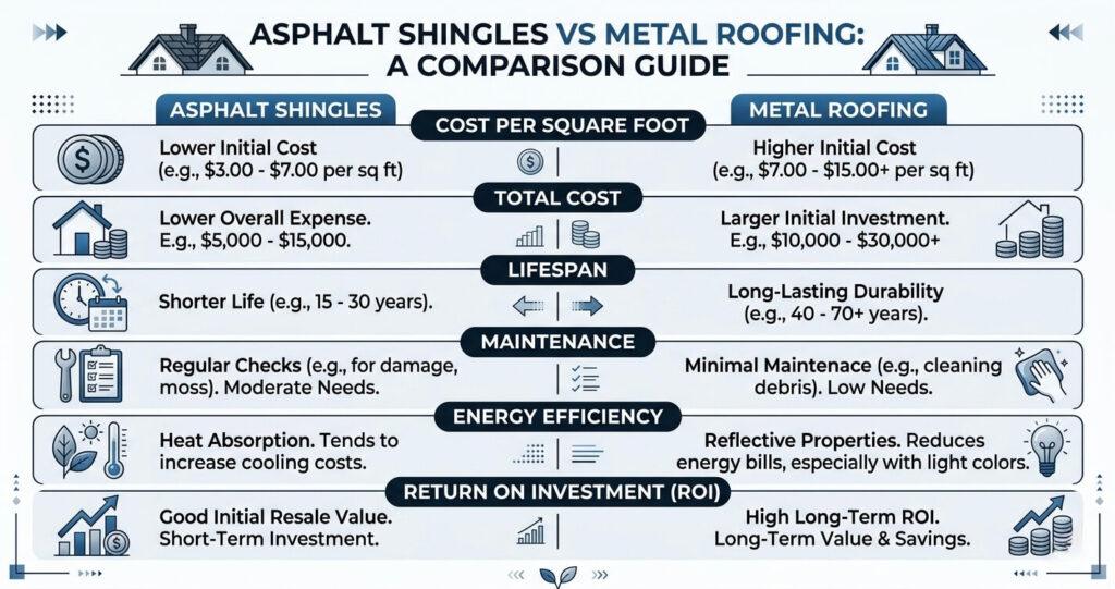 Asphalt vs. Metal Roofing Northern Virginia: Cost, Durability & ROI Guide (2026) 2 asphalt vs metal roofing Northern Virginia cost lifespan comparison infographic roofing materials