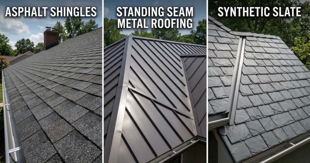 Roof Replacement Annandale VA: Costs, Permits & 2026 Homeowner Guide 6 Comparison of asphalt shingles metal roofing and synthetic slate for roof replacement Annandale VA homes