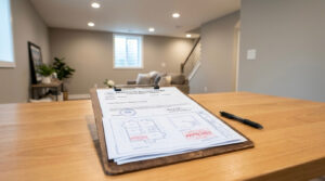 basement finishing permit Fairfax County VA document with renovation background