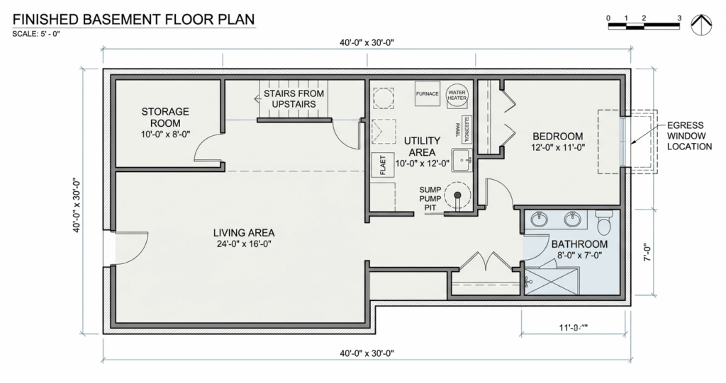 Basement Finishing Permit Fairfax County VA: Rules, Costs & Process Explained 2 finished basement layout plan example with bedroom bathroom and egress window