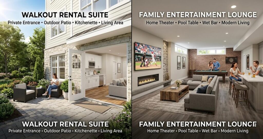 Walkout Basement vs. Finished Basement Northern Virginia: Which Is Better for Your Home? 6 Split image showing walkout basement rental suite and finished basement family entertainment space in Northern Virginia.