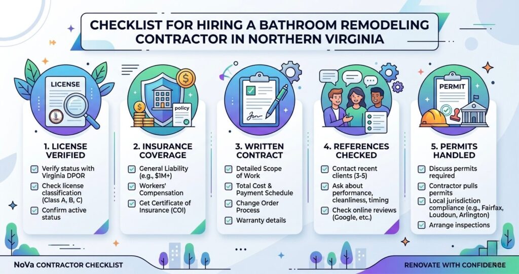 Bathroom remodel mistakes Northern Virginia contractor checklist for hiring licensed bathroom remodeling contractor

