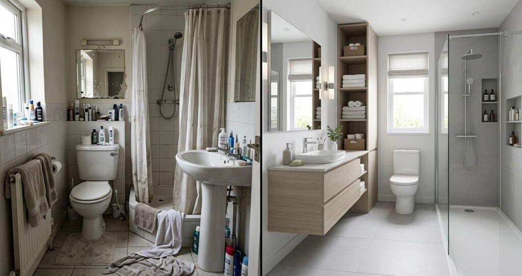 Bathroom remodel mistakes Northern Virginia before and after layout showing functional bathroom design improvement

