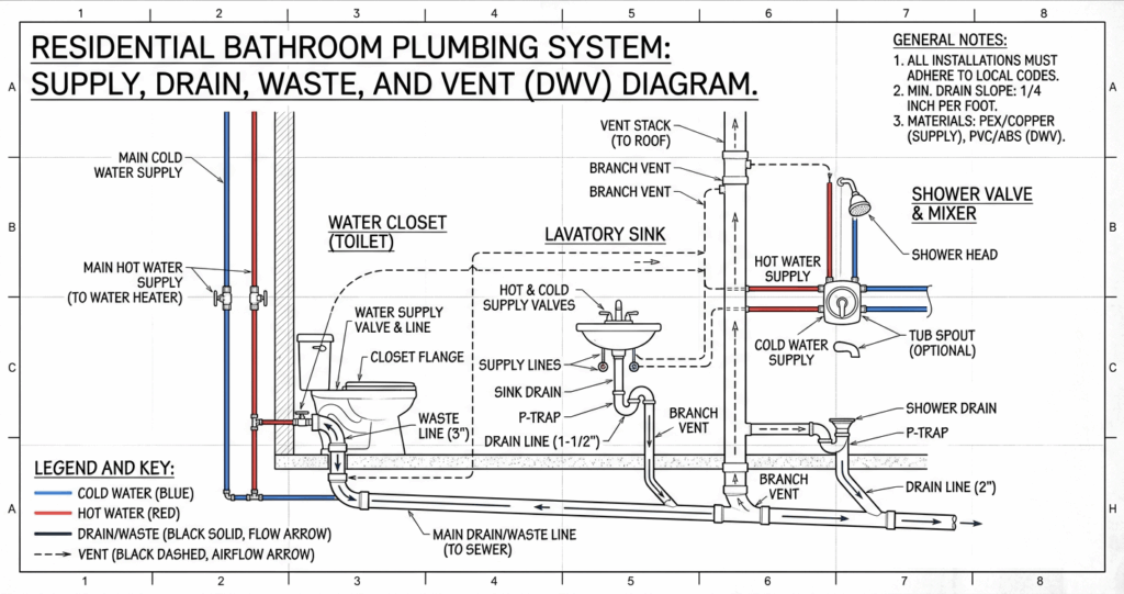 Bathroom remodel mistakes Northern Virginia plumbing layout diagram showing pipes drain system and fixture connections

