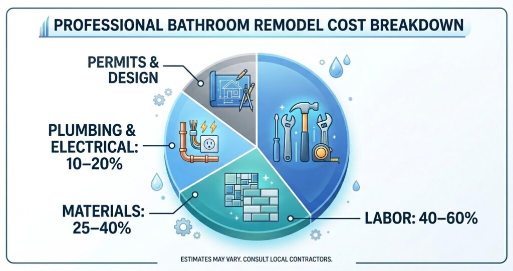 Bathroom remodel cost breakdown infographic showing labor, materials, plumbing, and permit costs

