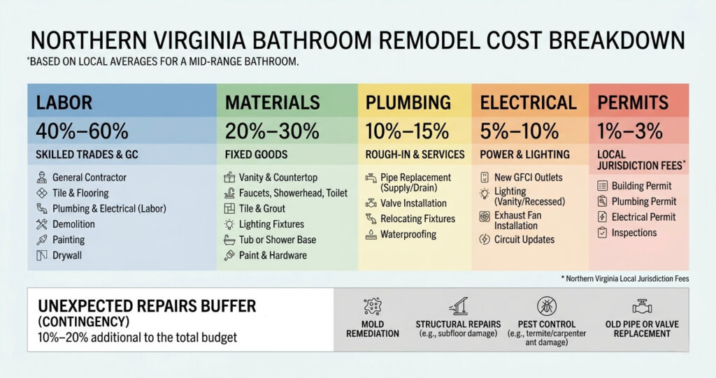 Bathroom remodel mistakes Northern Virginia cost breakdown infographic showing labor materials plumbing and renovation costs

