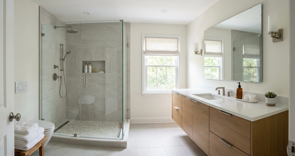 Bathroom remodel mistakes Northern Virginia modern bathroom design with walk in shower and vanity in Fairfax VA home