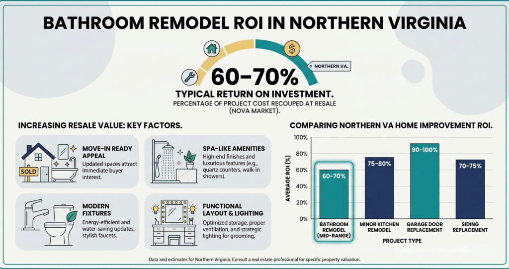Bathroom remodel mistakes Northern Virginia ROI infographic showing resale value and return on investment percentages

