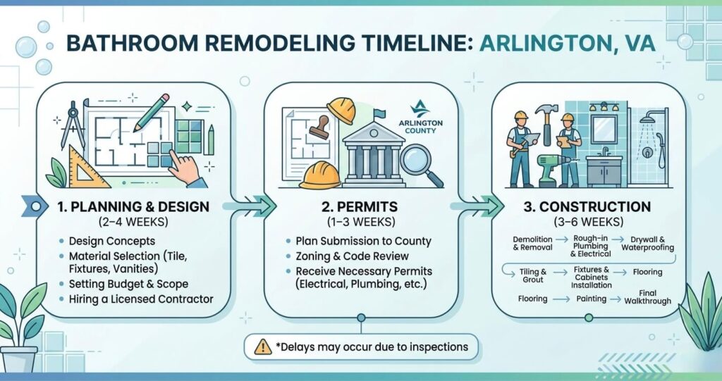 Bathroom remodeling timeline in Arlington VA showing planning, permits, and construction phases

