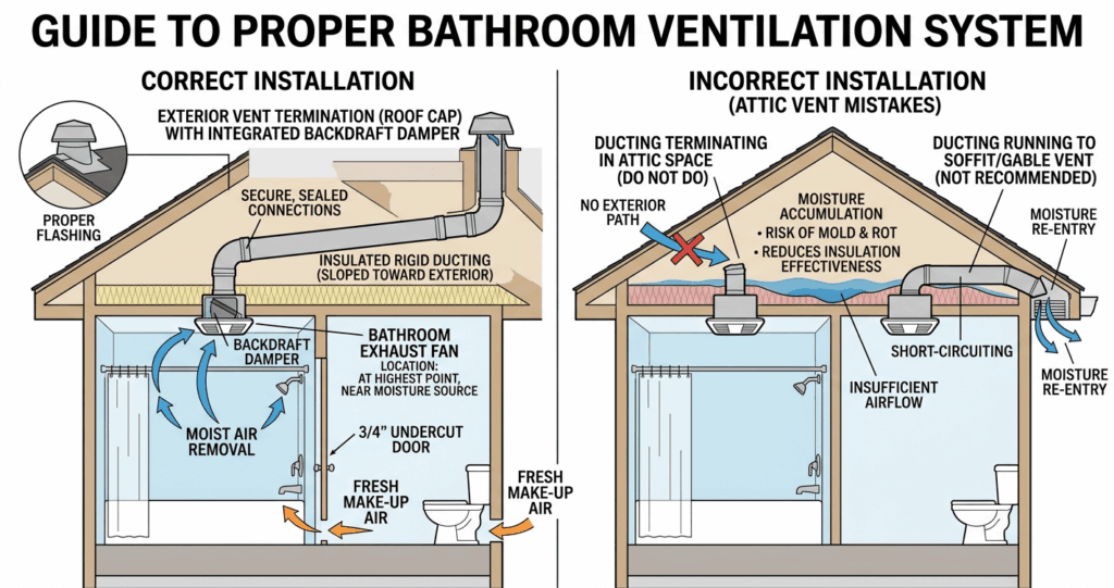 Bathroom remodel mistakes Northern Virginia ventilation system diagram showing airflow exhaust fan and moisture control

