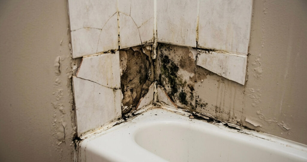Bathroom remodel mistakes Northern Virginia water damage from poor waterproofing and mold behind bathroom tiles

