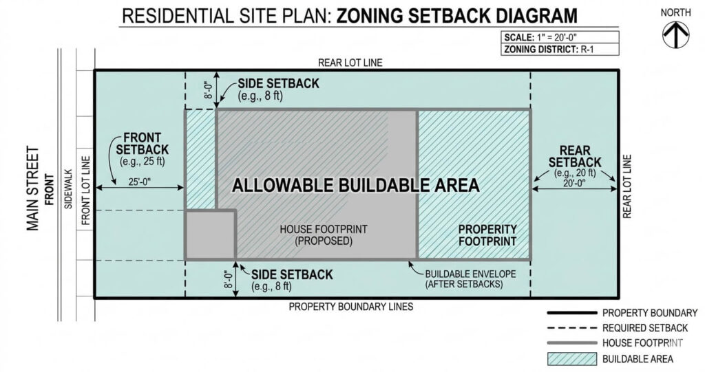 Clifton VA zoning setback diagram showing buildable area for room addition in Fairfax County

