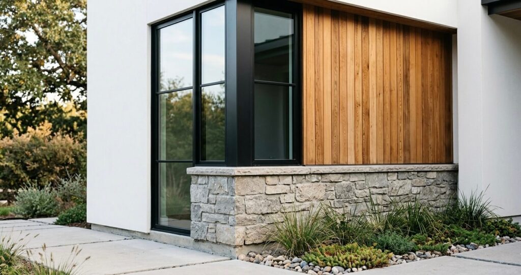 Custom Home Design Trends Northern Virginia (2026 Guide) 6 Close-up of mixed exterior materials used in contemporary home design