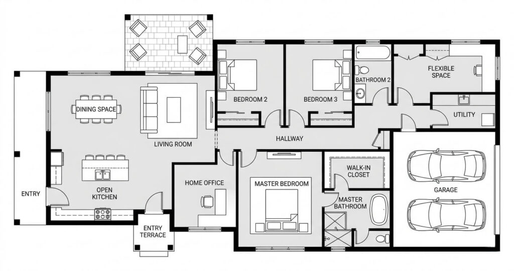 Custom Home Design Trends Northern Virginia (2026 Guide) 4 Architectural floor plan showing functional zoning in a custom home design