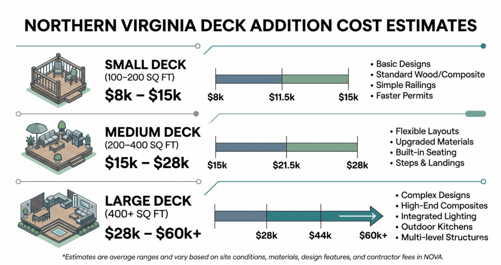 Deck addition cost ranges in Northern Virginia for small medium and large decks infographic

