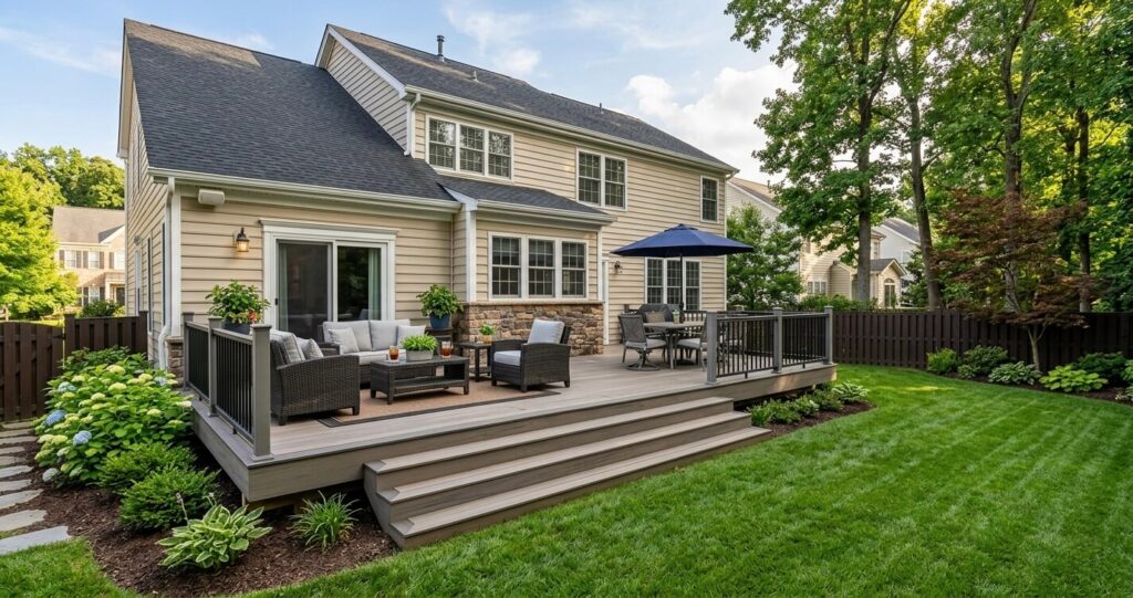 Modern backyard deck addition in Northern Virginia home with composite decking and outdoor seating