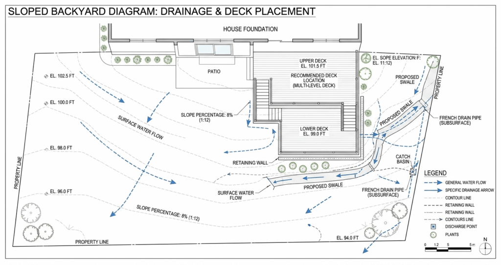 Backyard slope and drainage considerations for deck addition McLean VA

