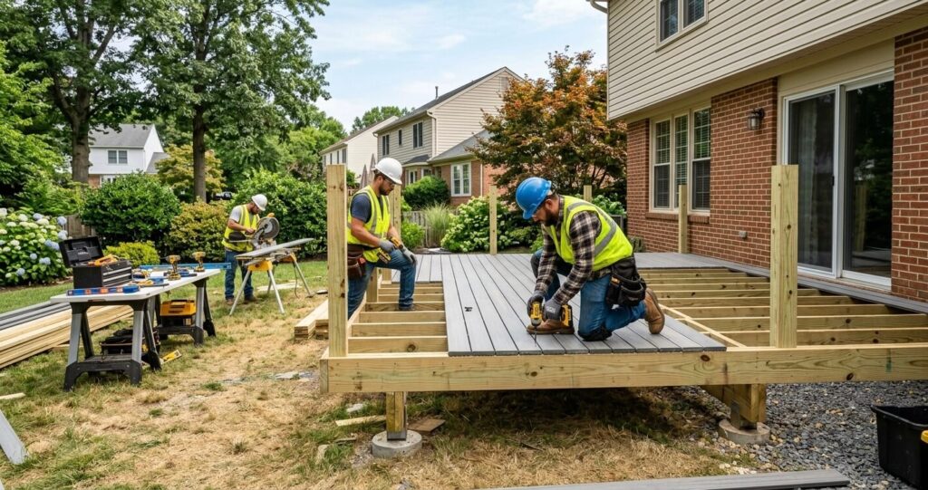 Professional deck builders constructing a backyard deck in Northern Virginia residential area

