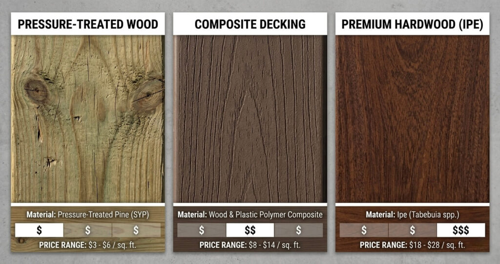 Comparison of pressure treated wood composite and hardwood decking materials with cost differences

