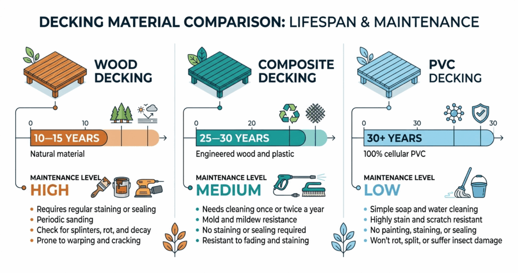 Deck material lifespan and maintenance comparison chart for wood composite and PVC decking

