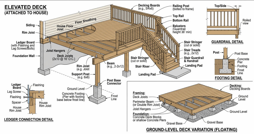 Technical diagram showing deck structure components including joists beams railings and stairs

