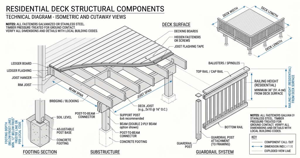 Deck Design Ideas Falls Church VA: 2026 Guide to Costs, Layouts & ROI 6 Deck design ideas Falls Church VA deck structure diagram footing beam joist permit requirements Fairfax County