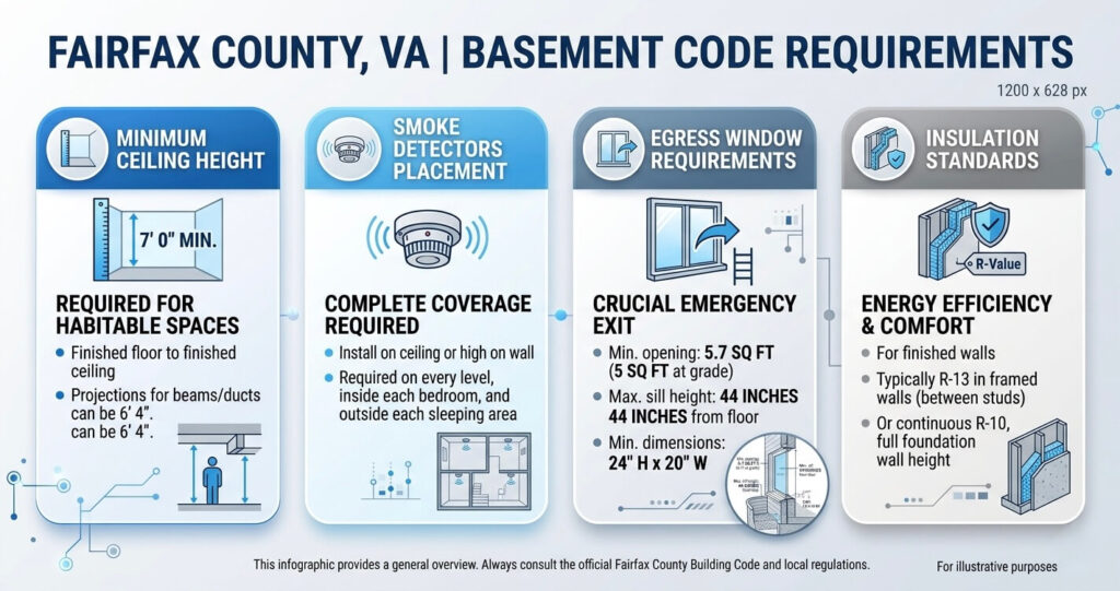 Basement Finishing Permit Fairfax County VA: Rules, Costs & Process Explained 5 Fairfax County basement code requirements infographic ceiling height smoke detector egress insulation