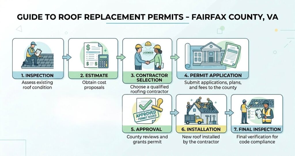 Roof Replacement Annandale VA: Costs, Permits & 2026 Homeowner Guide 8 Fairfax County permit process for roof replacement Annandale VA showing inspection approval and final inspection steps