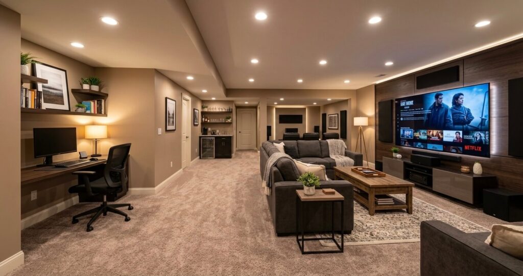 Walkout Basement vs. Finished Basement Northern Virginia: Which Is Better for Your Home? 3 Modern finished basement interior in Northern Virginia designed as a home theater and office space with warm lighting.
