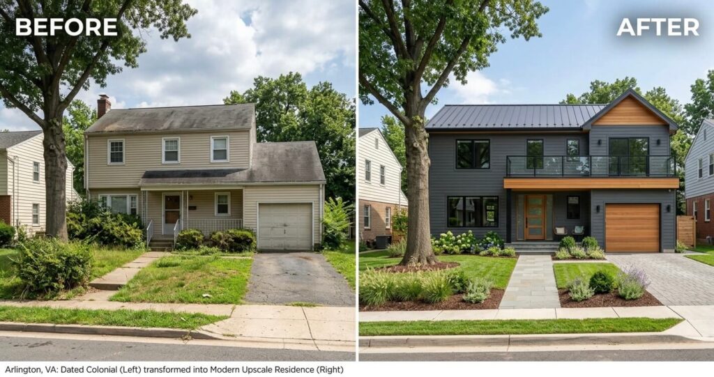 Custom Home Design Trends Northern Virginia (2026 Guide) 9 Before and after custom home upgrade in Arlington VA showing design transformation
