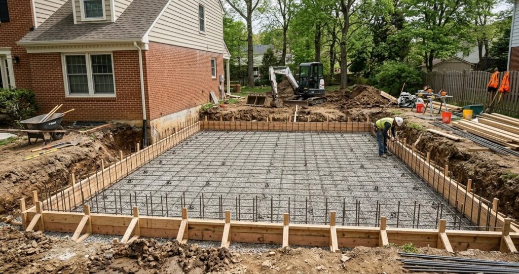 garage foundation construction Arlington VA concrete slab preparation

