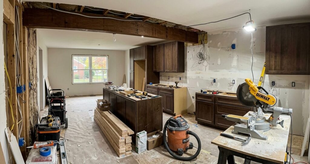 Kitchen remodel before after Fairfax VA showing mid construction phase with open layout, wiring, and cabinet installation in progress

