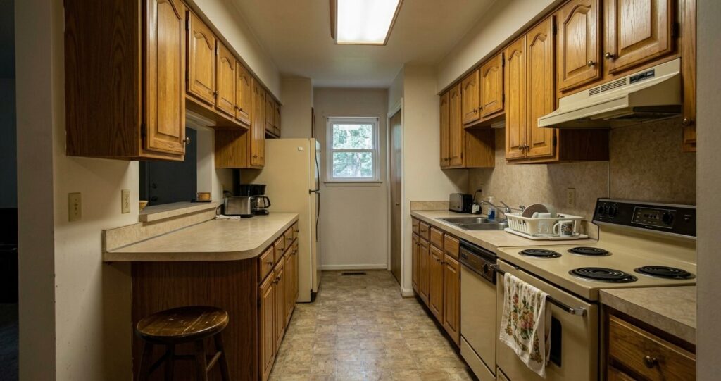 Kitchen remodel before after Fairfax VA showing closed galley kitchen layout with outdated cabinets and limited space in Fairfax County home

