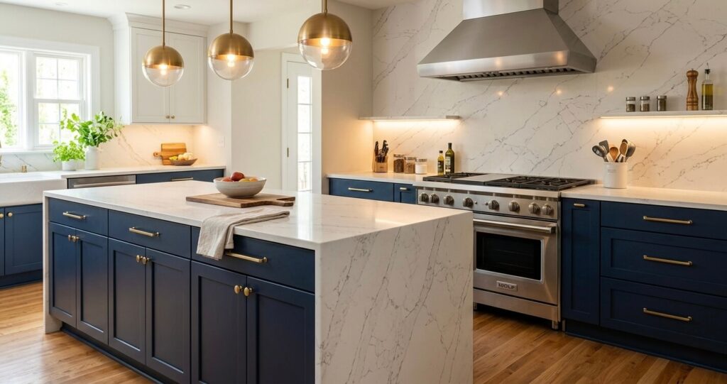 Kitchen remodel before after Fairfax VA featuring quartz waterfall island, two tone cabinets, and modern range wall design

