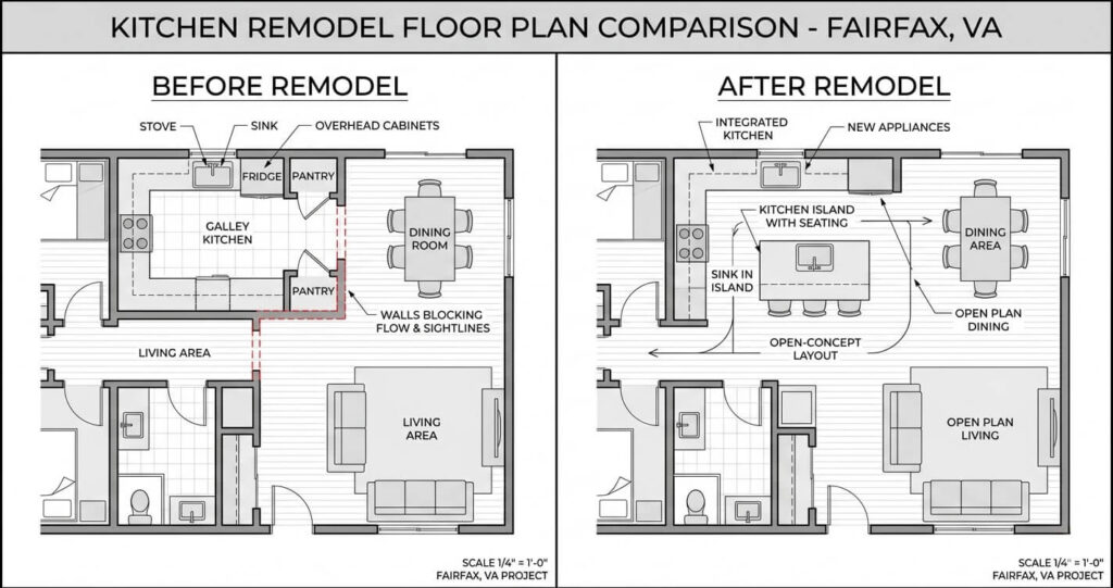 Kitchen remodel before after Fairfax VA floor plan showing transition from closed kitchen to open concept layout in Northern Virginia

