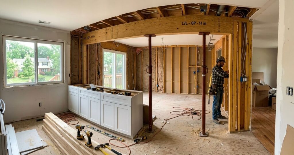 Kitchen remodel before after Fairfax VA showing load bearing wall removal and LVL beam installation during open concept renovation

