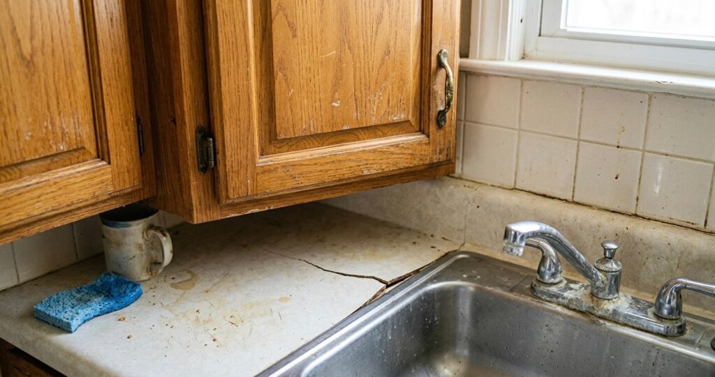 Kitchen remodel before after Fairfax VA detail showing old oak cabinets, cracked laminate countertop, and outdated sink fixtures

