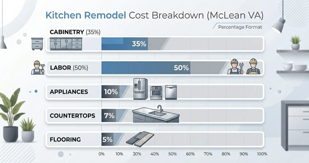 Kitchen remodel cost breakdown McLean VA cabinetry labor appliances percentages chart

