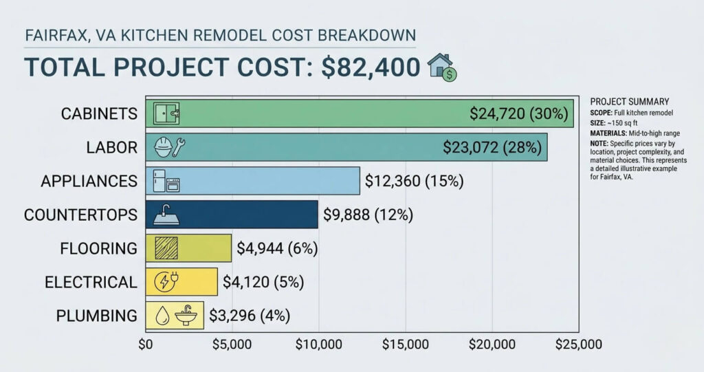 Kitchen remodel before after Fairfax VA cost breakdown infographic showing cabinets, appliances, and labor costs in Northern Virginia

