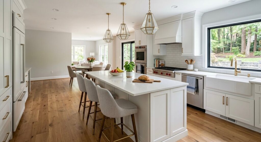 Modern kitchen remodel Fairfax VA with white cabinets and quartz countertops