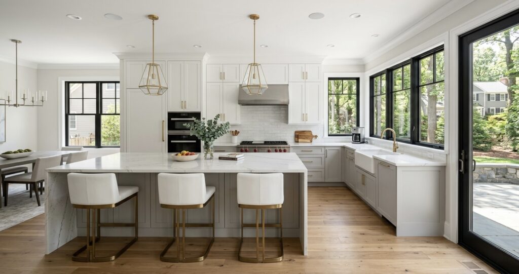 Modern kitchen remodel in McLean VA with quartz countertops and large island

