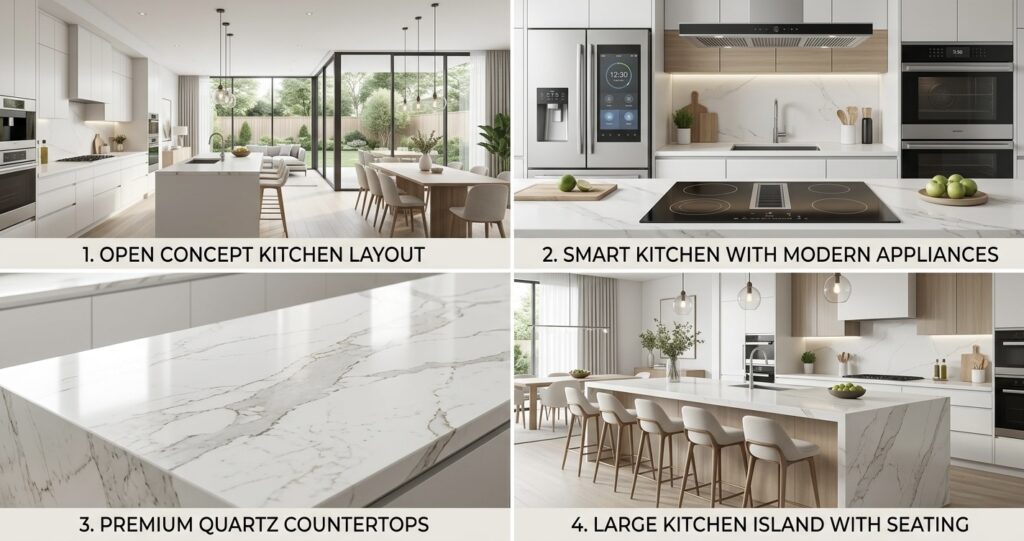 Kitchen remodeling trends Northern Virginia 2026 open layout smart kitchen quartz countertops island

