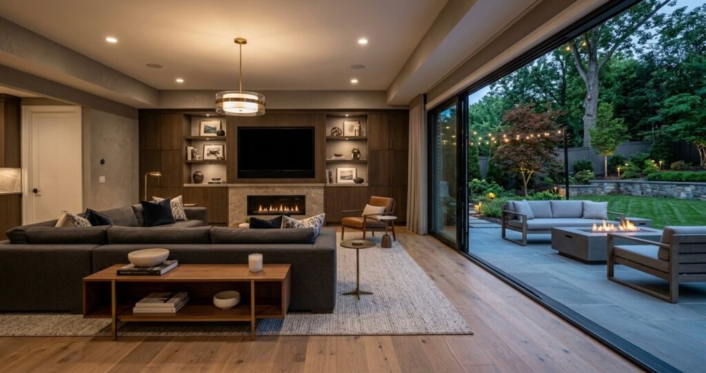 Walkout Basement vs. Finished Basement Northern Virginia: Which Is Better for Your Home? 8 Luxury basement design in Northern Virginia showing modern finished interior with walkout patio access to backyard.