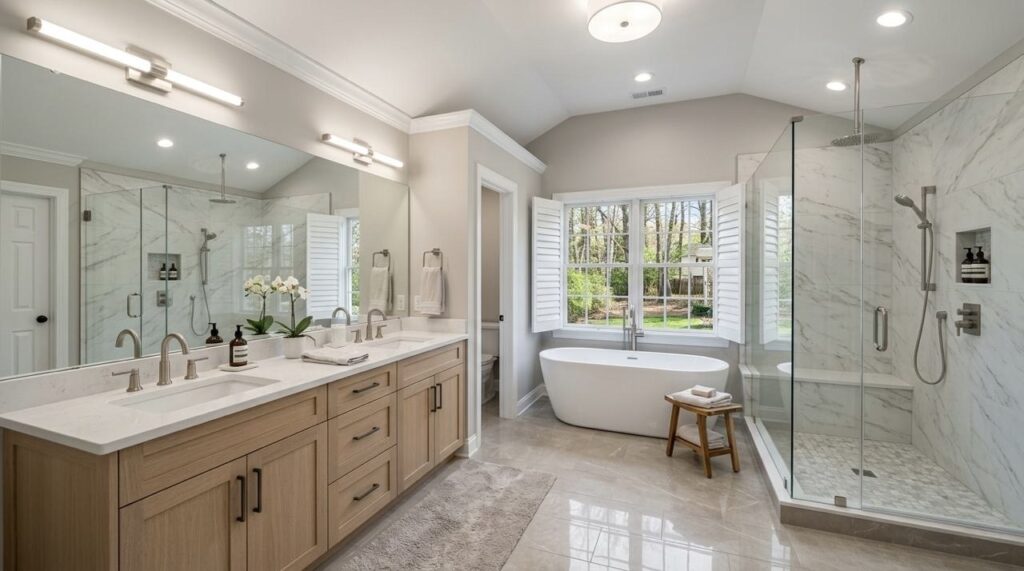 master bathroom remodel Northern VA with double vanity and freestanding tub