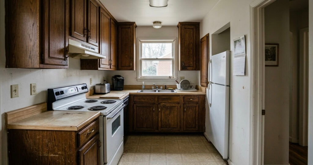 Old outdated kitchen in McLean VA with dark cabinets and limited lighting before remodeling