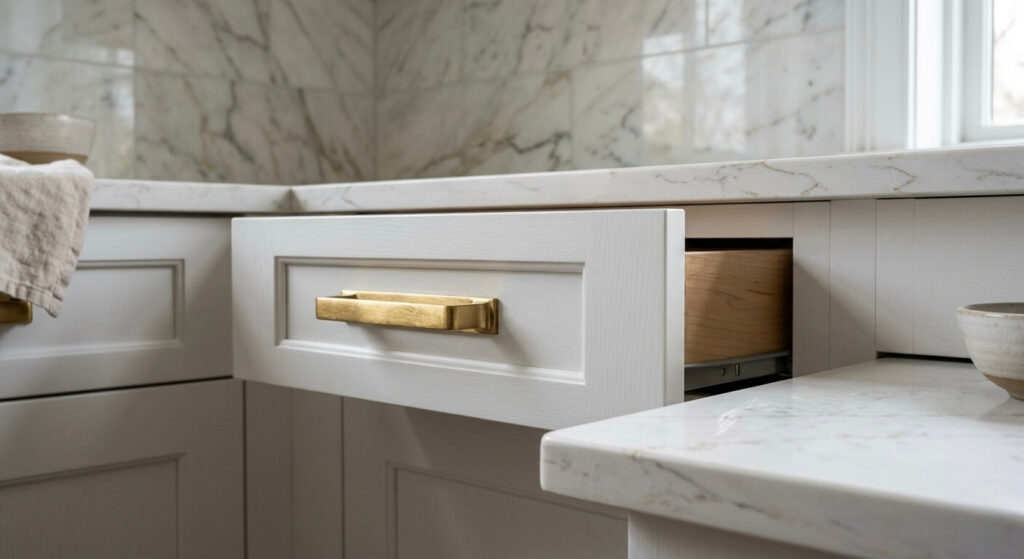 Close-up detail of luxury kitchen cabinets and quartz countertop in McLean VA remodel showing premium craftsmanship