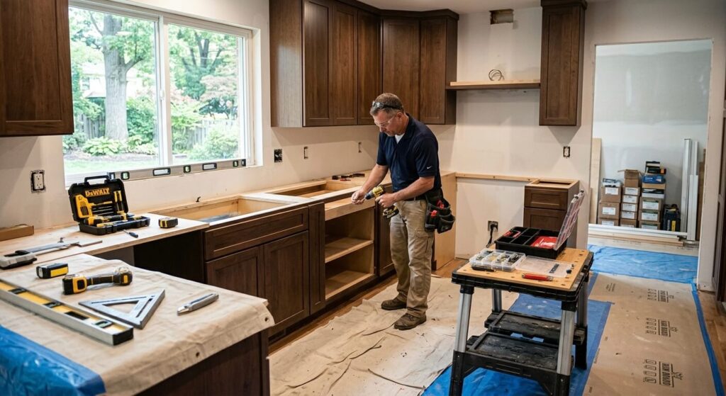 Kitchen remodeling in progress in McLean VA showing professional contractor installation and construction work